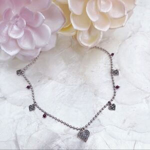 Vtg Sterling Two Tone Gold Silver Marcasite Heart Charm Amethyst Bead Necklace